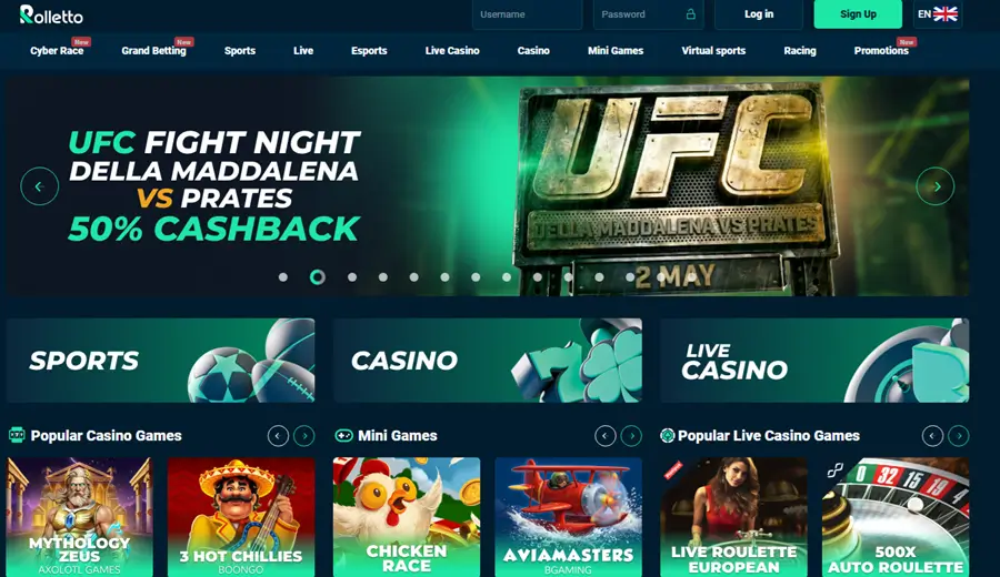 Rolletto Casino UK homepage showing sportsbook, casino and live casino lobbies with popular games