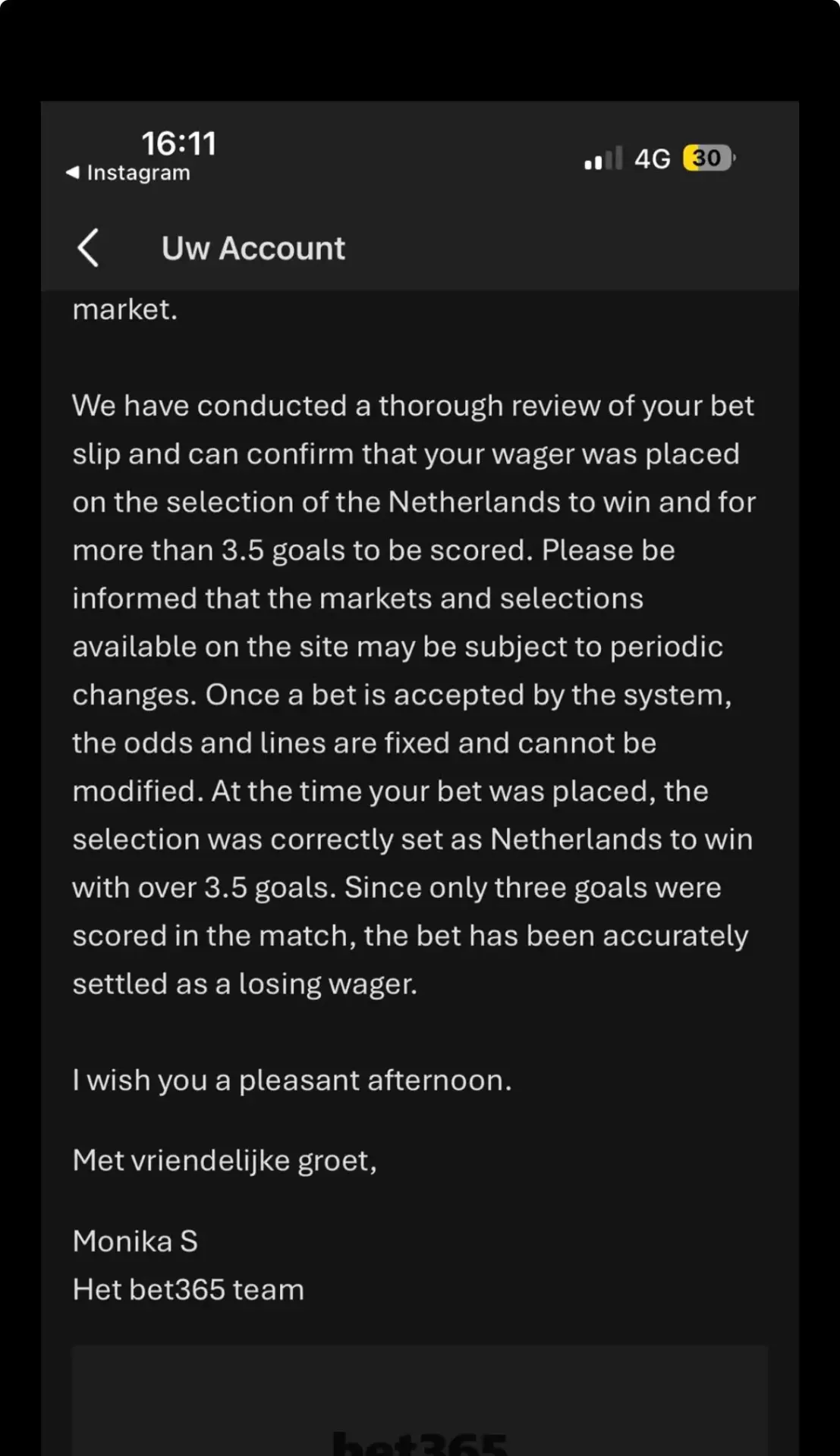 Screenshot van de e-mail van Bet365 (Monika S) waarin de weddenschap als verloren wordt bevestigd