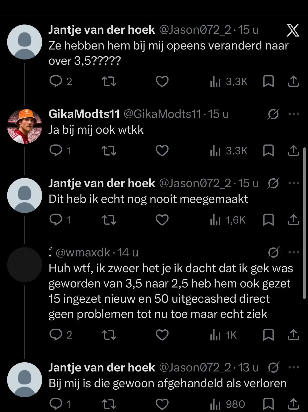 X reacties van spelers die melden dat hun Bet365 bet is gewijzigd van over 2.5 naar over 3.5
