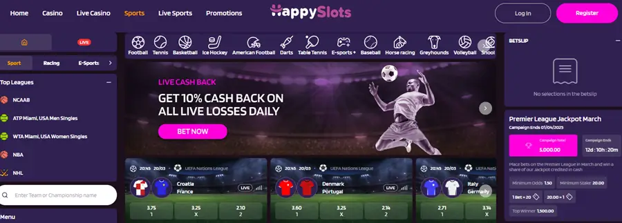 HappySlots sportsbook screenshot