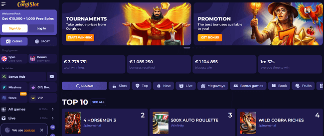 Home pagina van Corgislot casino