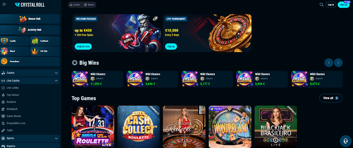 Live casino lobby van crystal roll