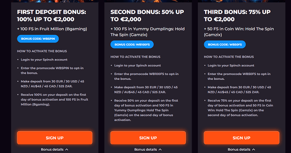 Welkomstbonus van Spinch casino