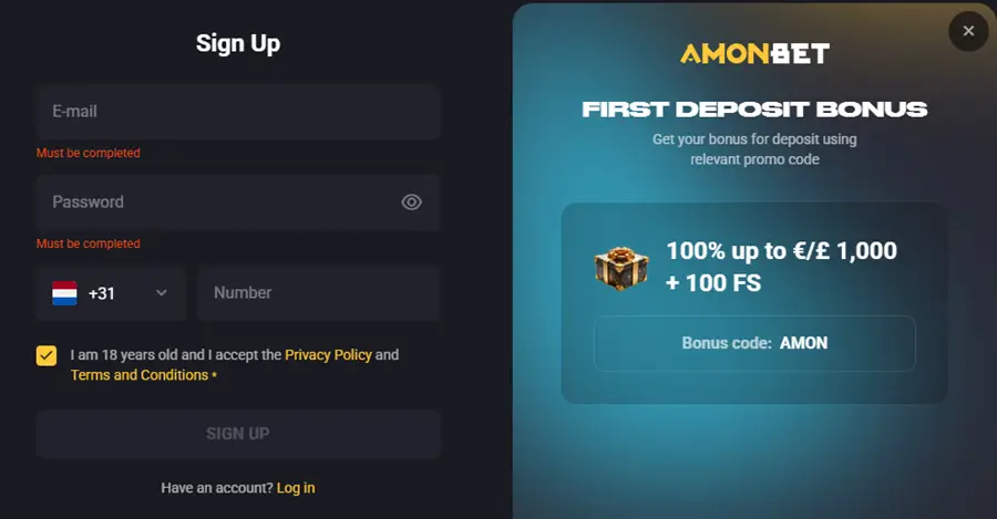 amonbet aanmeldscherm