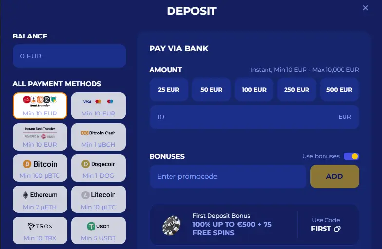 konings bet deposit scherm screenshot