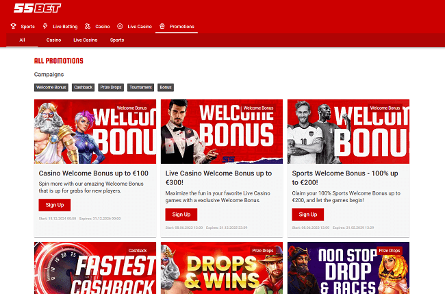 promoties en bonussen bij 55bet casino