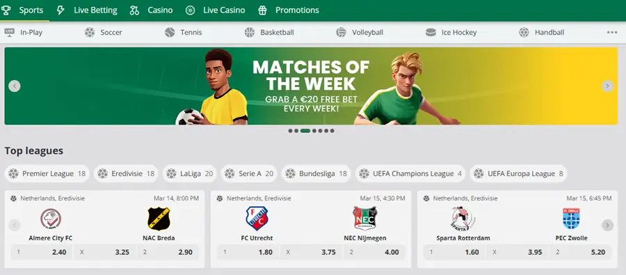 qbet sportsbook homepage screenshot eredivisie wedstrijden