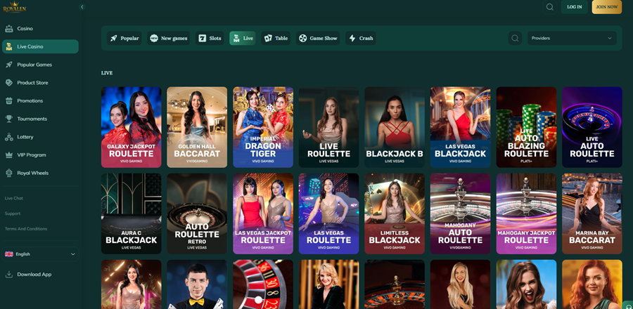 Royalen Casino live casino lobby met roulette en blackjack tafels