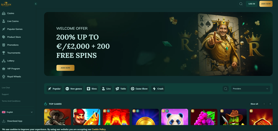 Royalen Casino welkomstbonus 200% tot 2000 euro plus 200 free spins