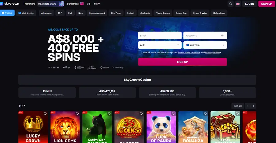 Skycrown Casino Australian homepage showing the A$8,000 + 400 free spins welcome pack