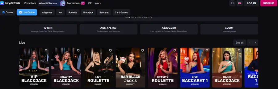 Skycrown live casino lobby with VIP Blackjack, Gravity Roulette and Live Baccarat tables
