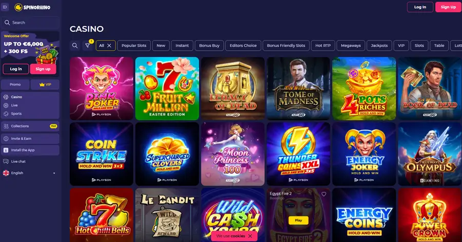 SpinoRhino casino lobby screenshot