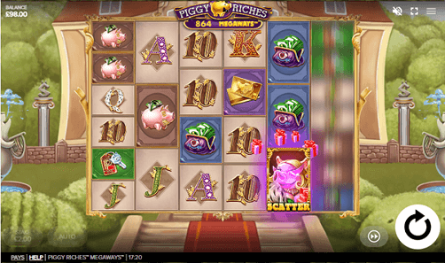 het speelveld van de Piggy Riches Megaways online slot